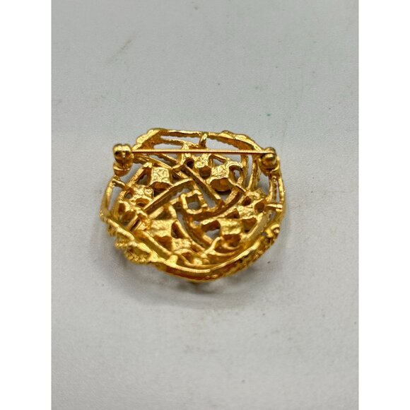 Vintage Rhinestones Pin Brooch Gold Tone Round Circle Domed Intersected Design - Picture 3 of 6
